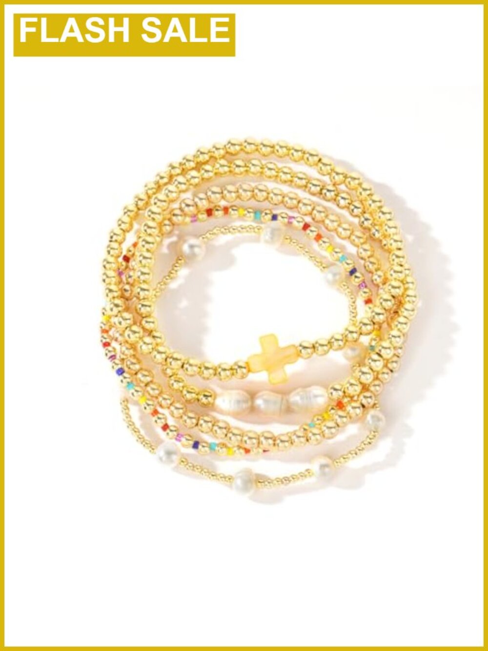 14K Gold Plated Beaded Cross Bracelets Set, Stretch Boho Christian Jewelry Stack